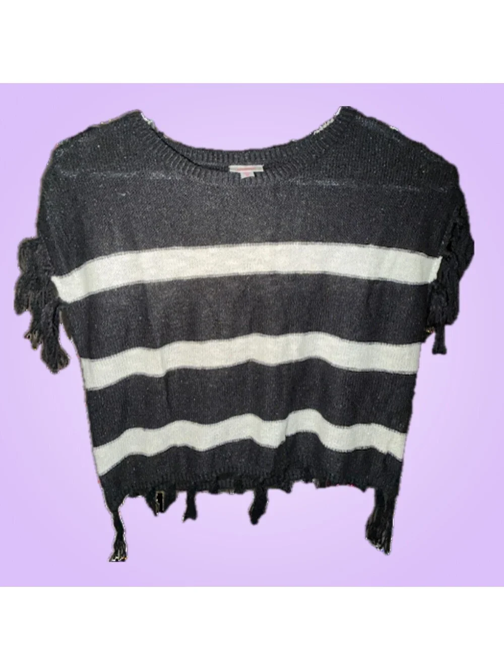 Justice Girls Medium Black White Striped Fringe Poncho Sweater